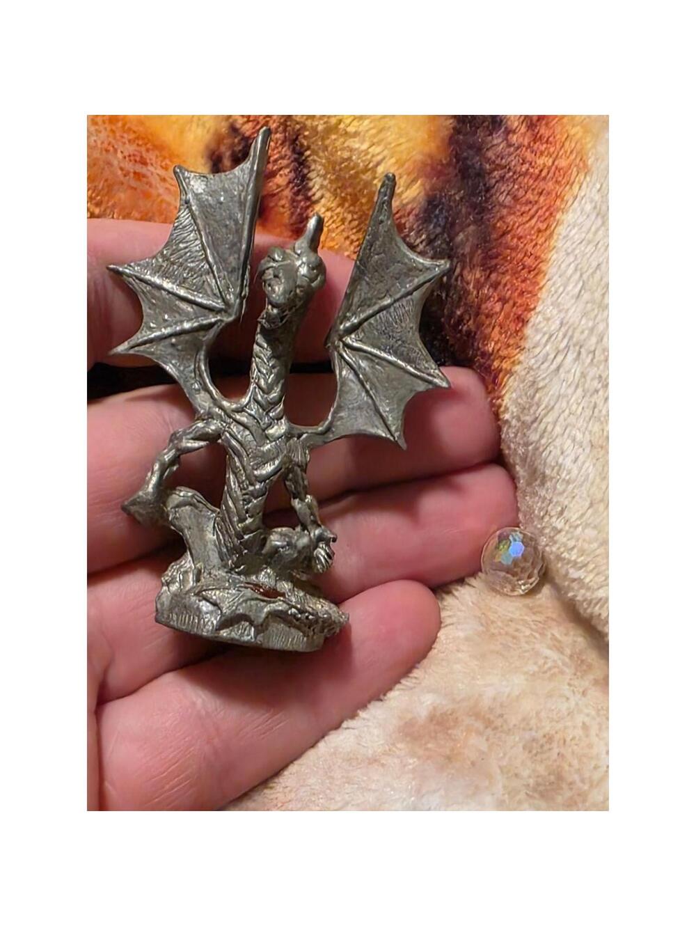 Vtg 80s Homemade Pewter Dragon Figurine Fantasy Winged Mythical Beast